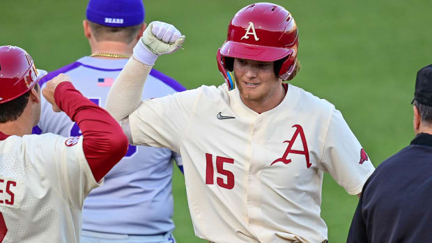 Razorbacks' Ben McLaughlin on first base against UCA on Tuesday night.